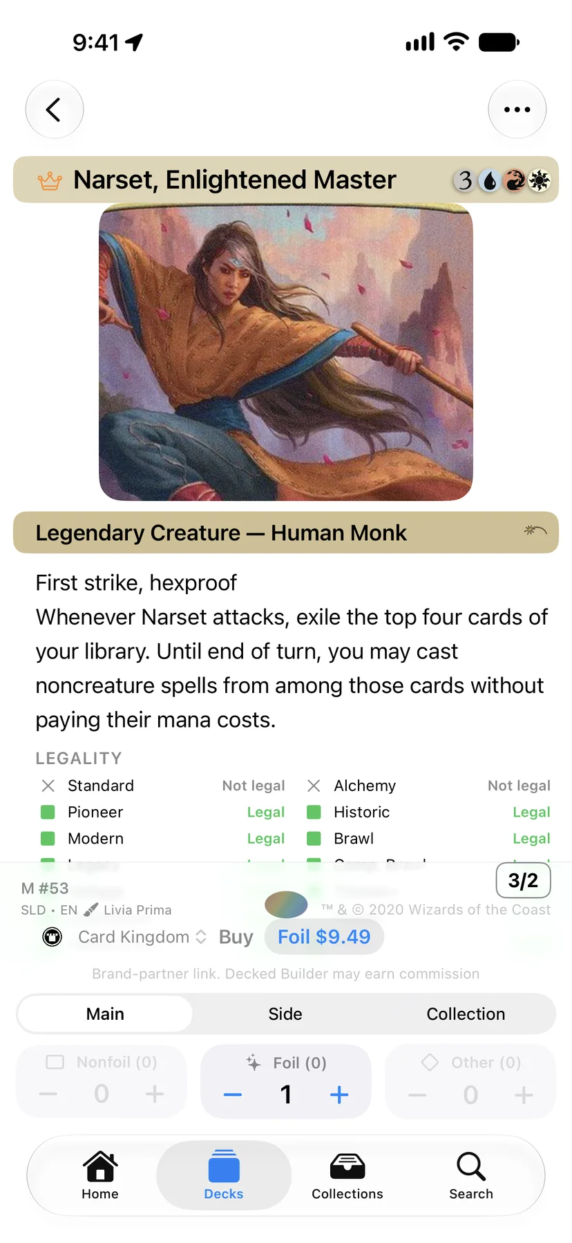 Card details for Narset, Enlightened Master with its rules text, legality and a Card Kingdom price.