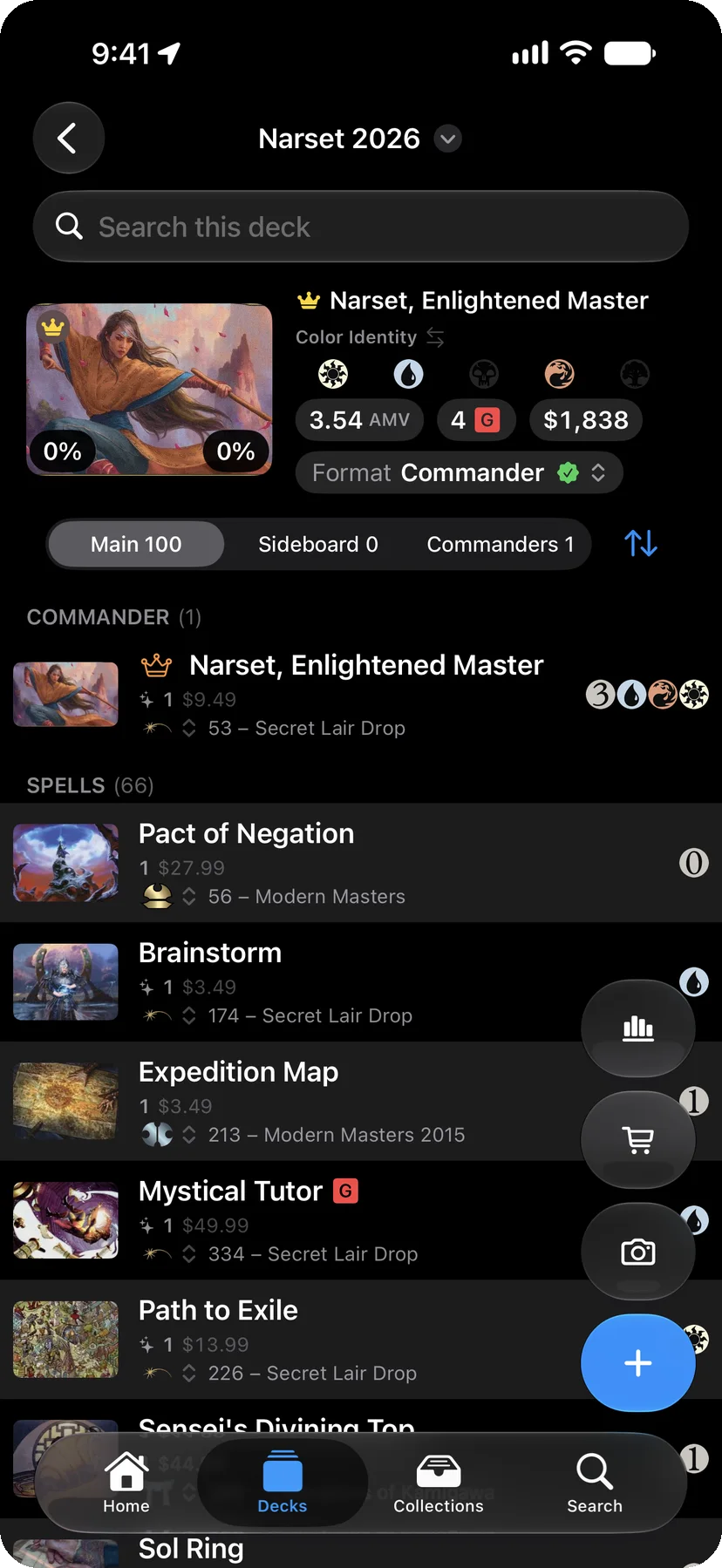 A Commander deck in Decked Builder Remastered with prices and the card list.