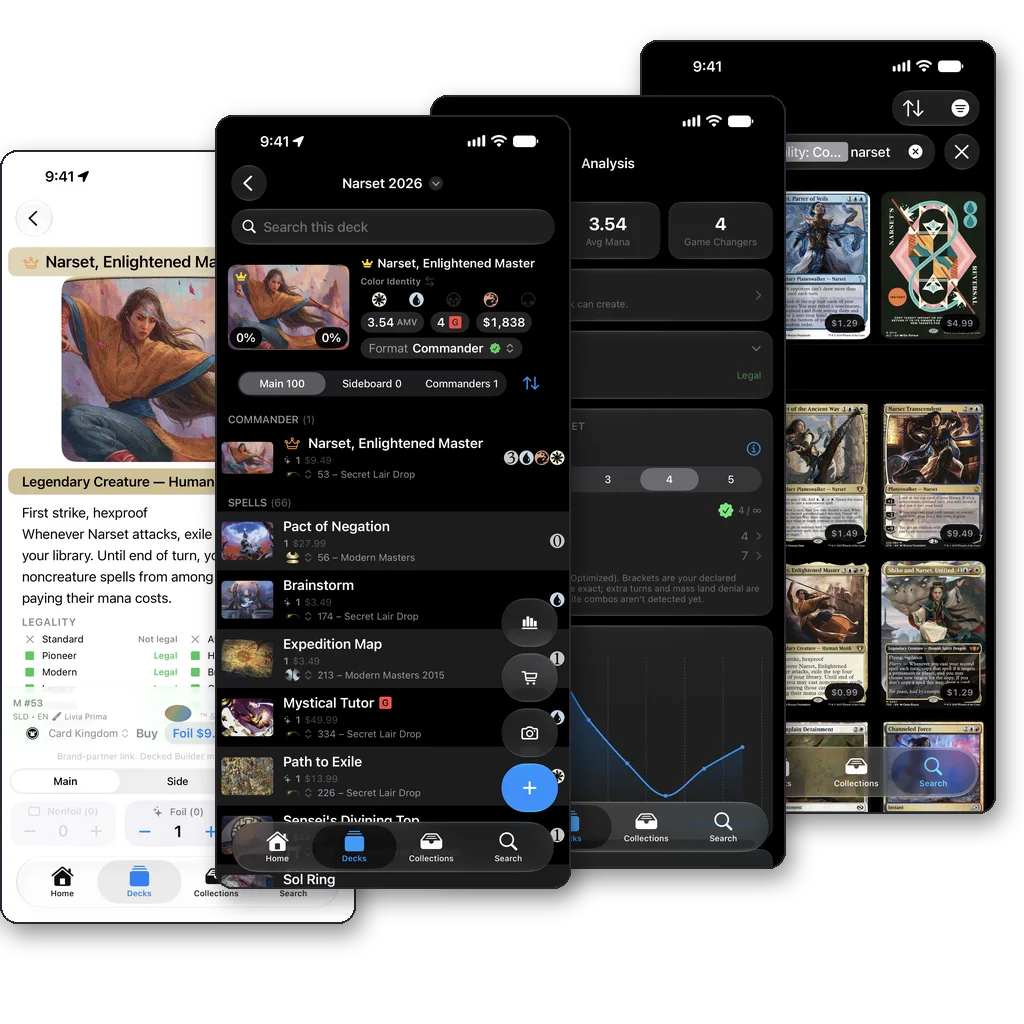 Four screens from Decked Builder Remastered on iPhone: card details, a Commander deck list with prices, deck analysis with a mana curve, and card search results.