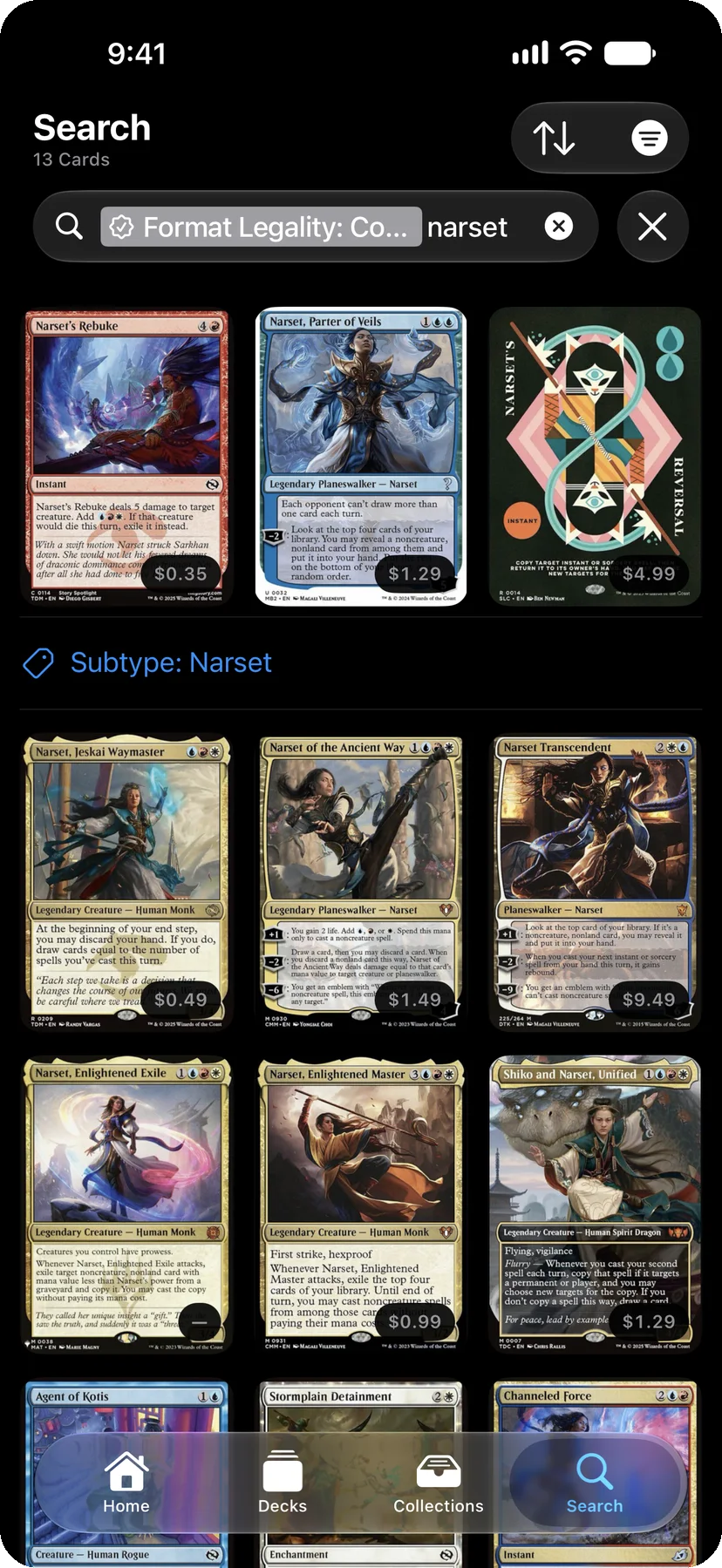 Card search results in Decked Builder Remastered with a Commander legality filter and prices on the cards.
